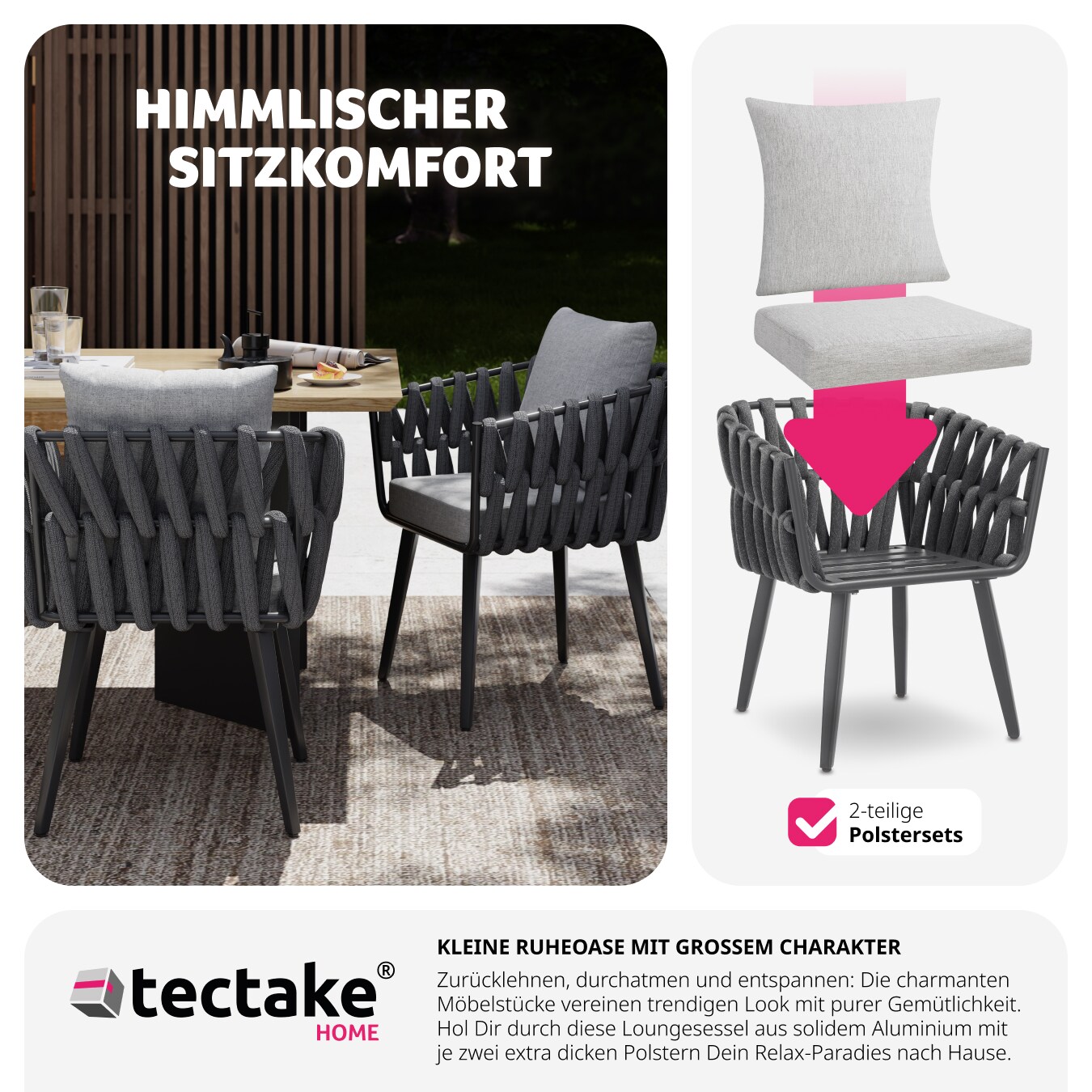 tectake® 2er Set Stuhl, mit Aluminiumgestellen, im Rope-Design, höhenverstellbare Kunststofffüße, 61 x 60 x 73 cm