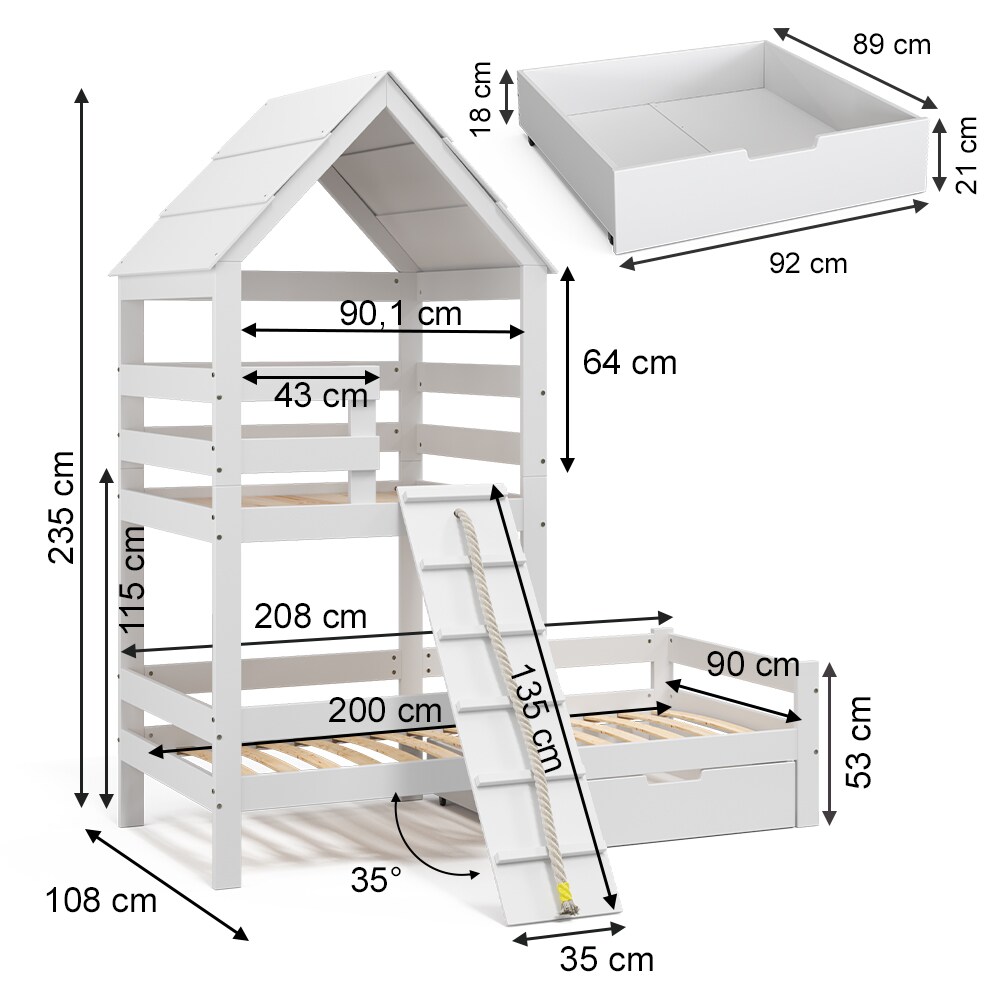 VitaliSpa Spielturmbett Kinderbett Spielbett Teddy Weiß modern 208x235 cm Massivholz Kinderzimmer Lattenrost Bett Schublade Matratze Abenteuerbett Kletterbett