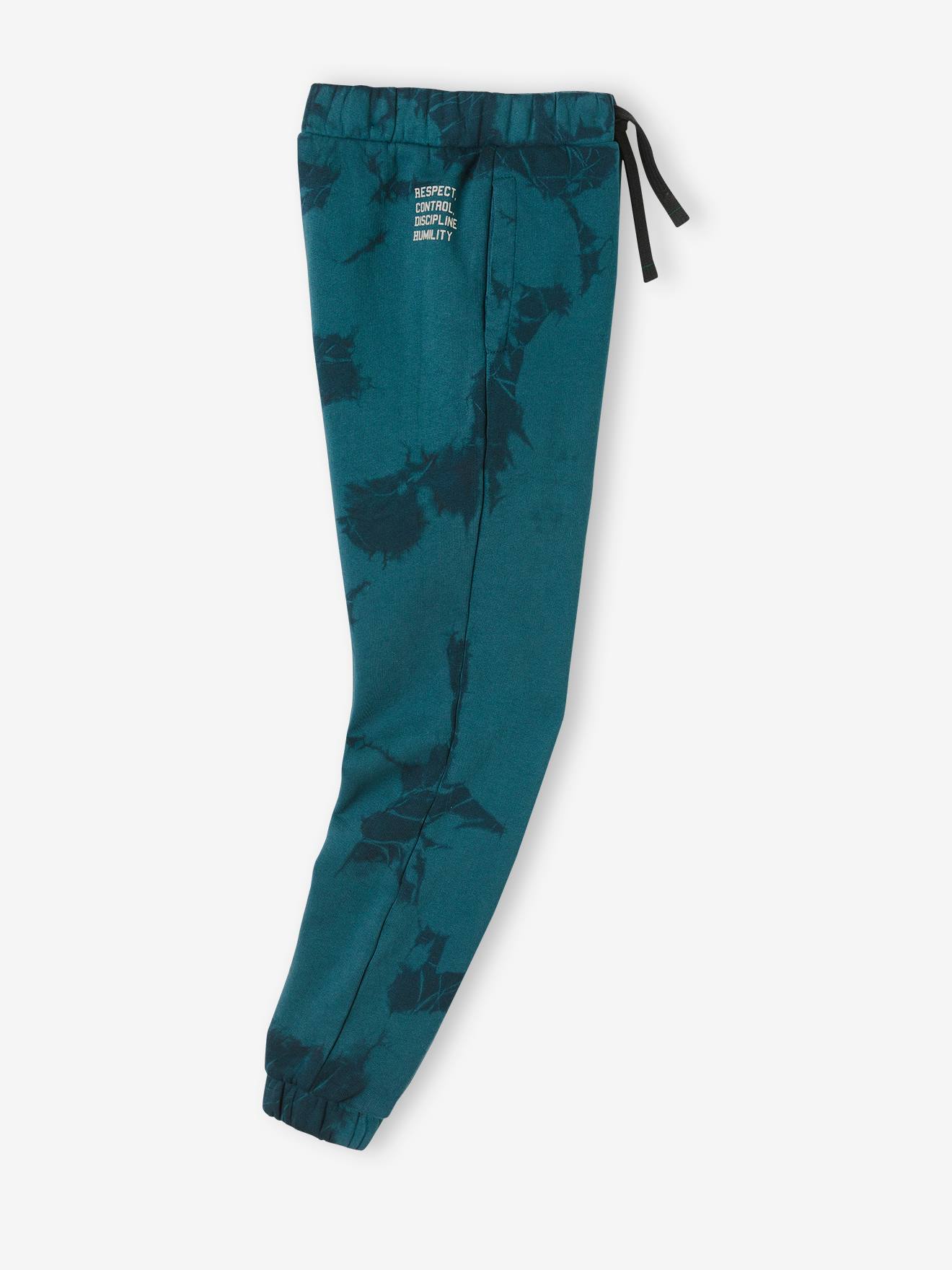 Calça de moletom com efeito tie-dye em tecido atoalhado, estampa azul médio, tamanho infantil.