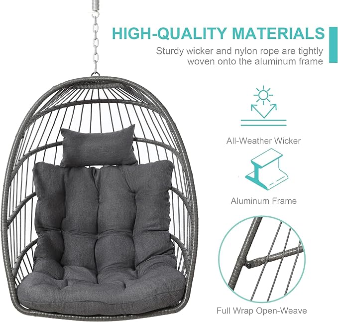 SWITTE Hanging Egg Chair with Stand, Egg Swing Hammock Chair with Stand, Indoor Outdoor Wicker Egg Chair with Cushion Headrest for Patio Bedroom Porch Garden, 350LBS Capacity(Dark Grey)