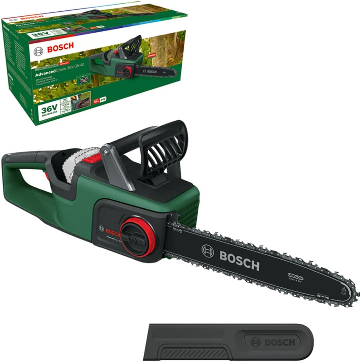 Bosch Akku-Kettensäge AdvancedChain 36V-35-40 (zum Schneiden durch härtestes Hartholz; 36 Volt System; Kettengeschwindigkeit: 14 m/s; ohne Akku)