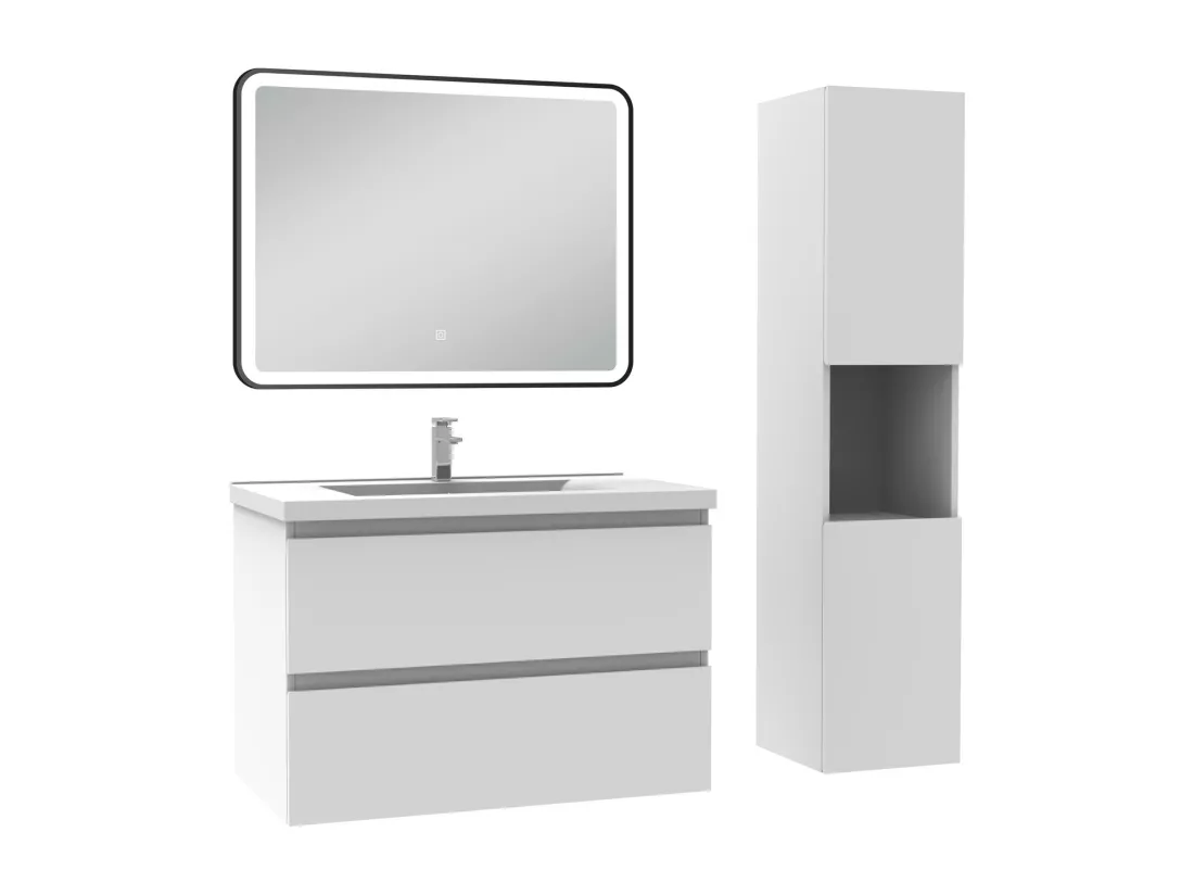 Meuble salle de Bain 80cm avec colonne + miroir 3 couleurs blanc
