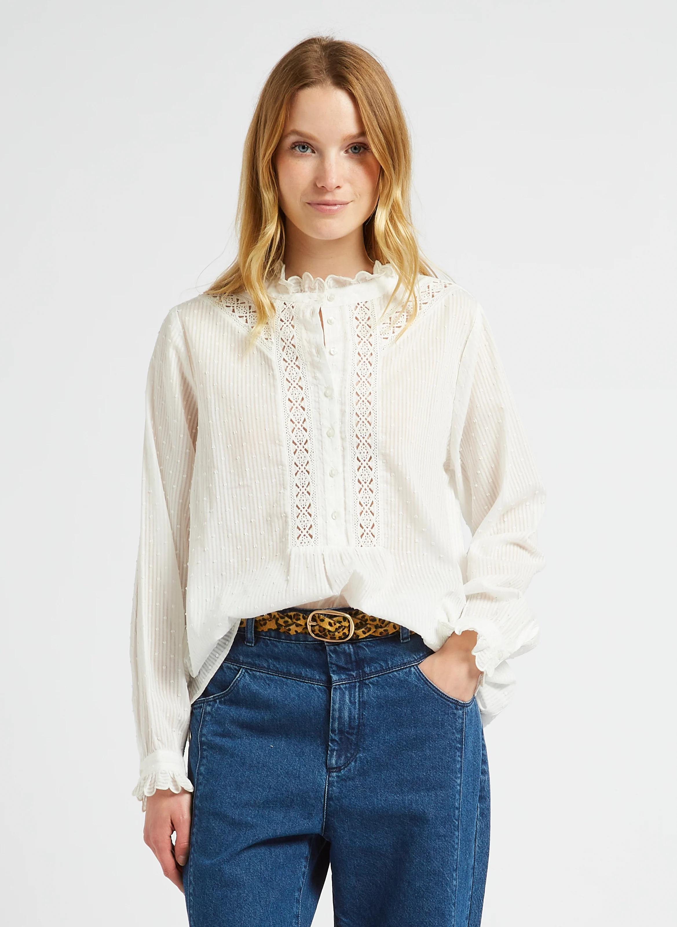 CAROLA - Blouse droite col montant en coton rayé | Blanc