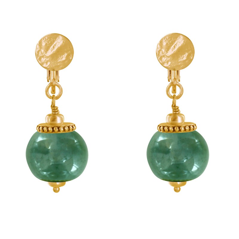 Boucles d'Oreilles Clip Métal Doré et Grosses Perles en Céramique