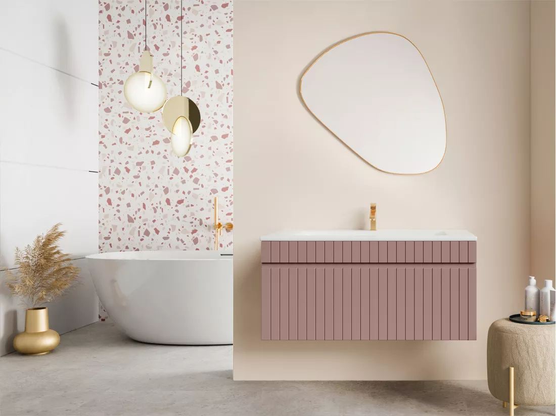 Meuble sous vasque suspendu strié rose - 100 cm - SATARA