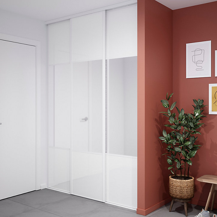 Porte de placard coulissante avec miroir blanc brillant profil blanc GoodHome Arius H. 248,5 x L. 62.2 cm + amortisseurs