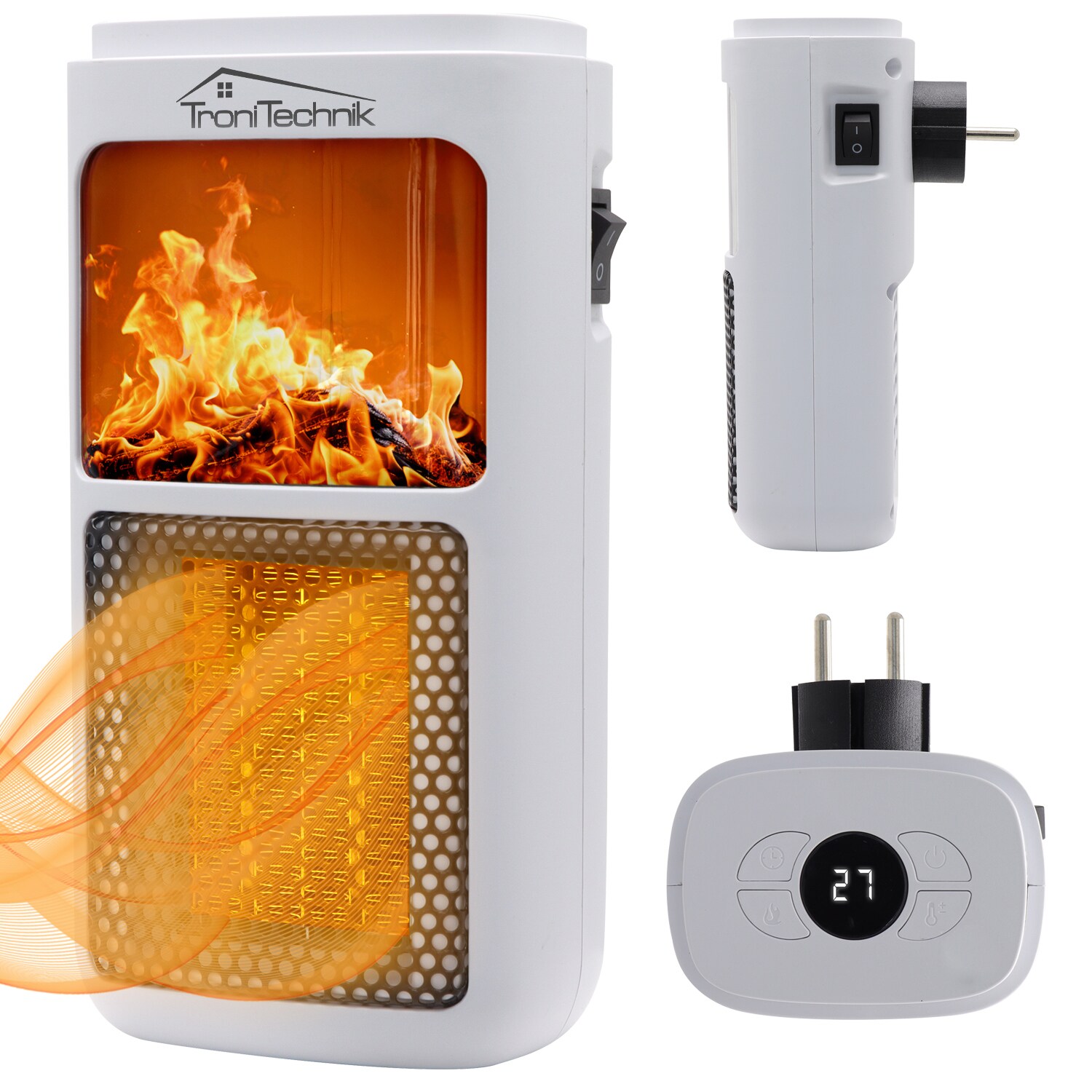 TroniTechnik® Steckdosen Heizlüfter Energiesparend Mini, Kaminfeuereffekt LCD Display Keramik Heizung mit Thermostat 400W