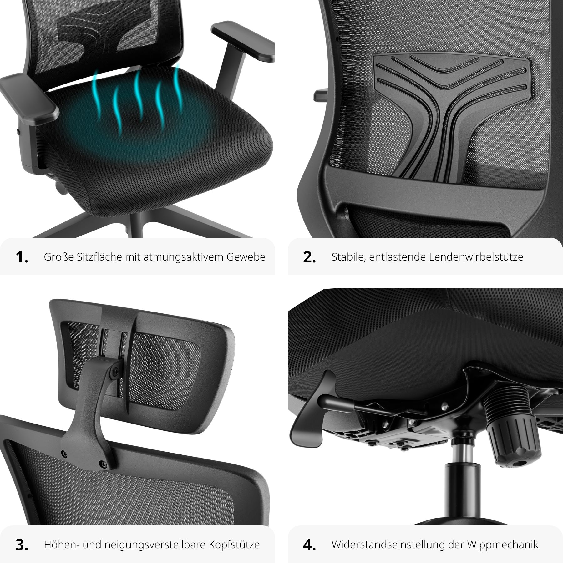 tectake® Bürostuhl, ergonomische Form mit Lordosenstütze und verstellbarer Kopfstütze, mit Netzstoffbezug, höhenverstellbare Armlehnen und Wippfunktion, stufenlos höhenverstellbar