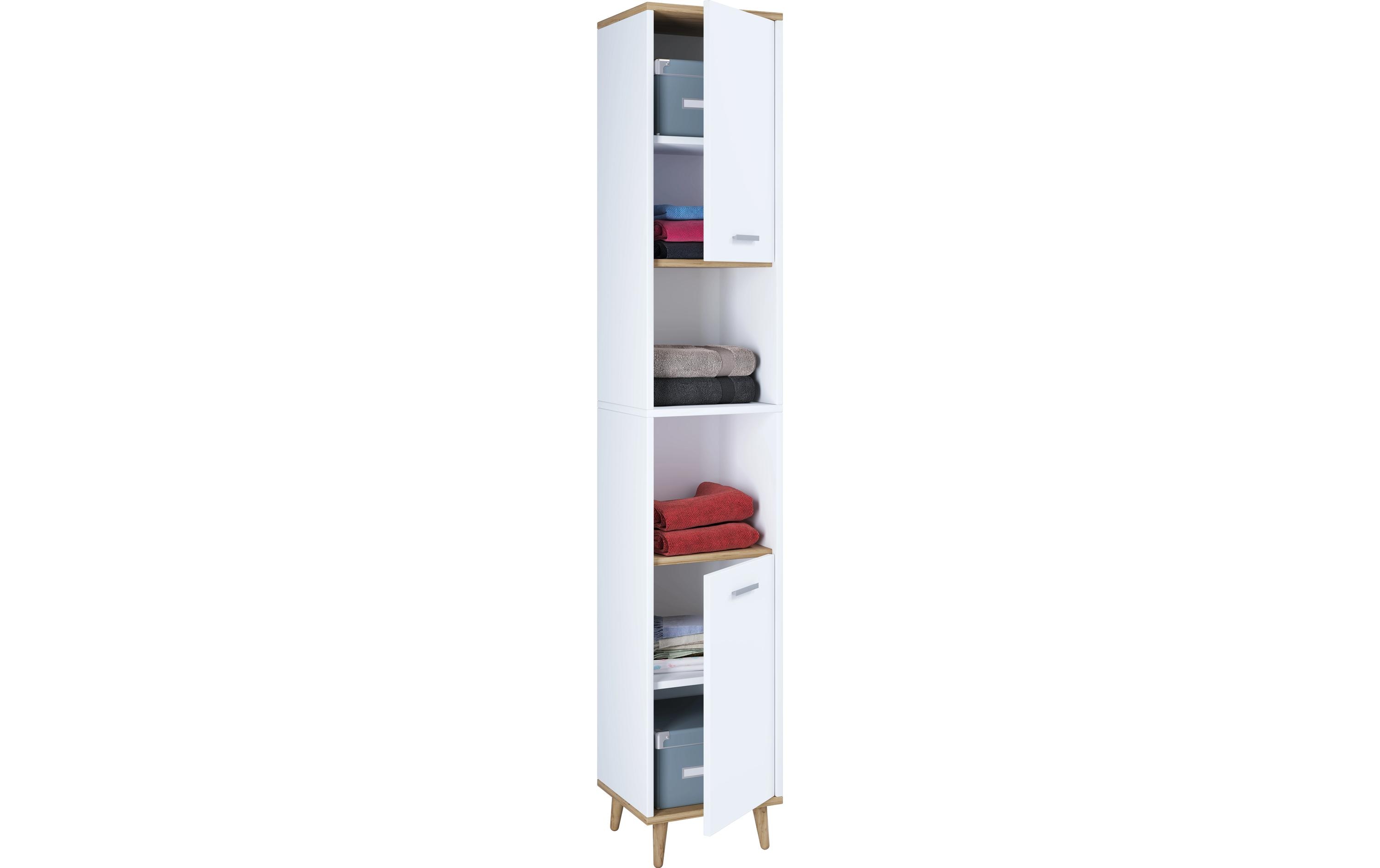Badezimmerregal Landos 32 x 184 cm, Weiss/Honig-EicheModerner Hochschrank für das Badezimmer