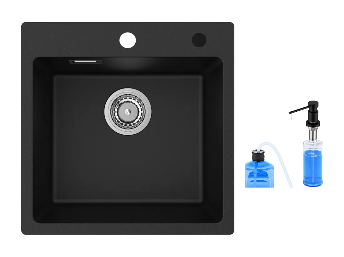 Cecipa max 45x45cm Evier Quartz + 300ML Distributeur de Savon - Noir - Evier 1 Bac en Quartz et Résine - Evier de Cuisine Evier à Encastrer 1 Vasque