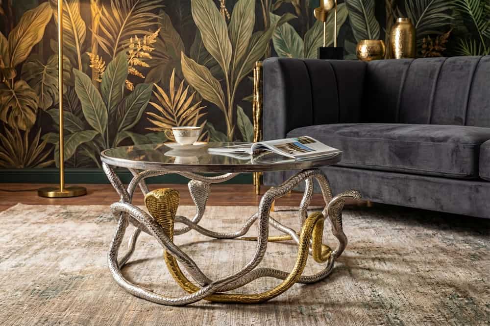 Runder Couchtisch SNAKE 70cm gold silber Metall Schlangen-Skulptur Glasplatte