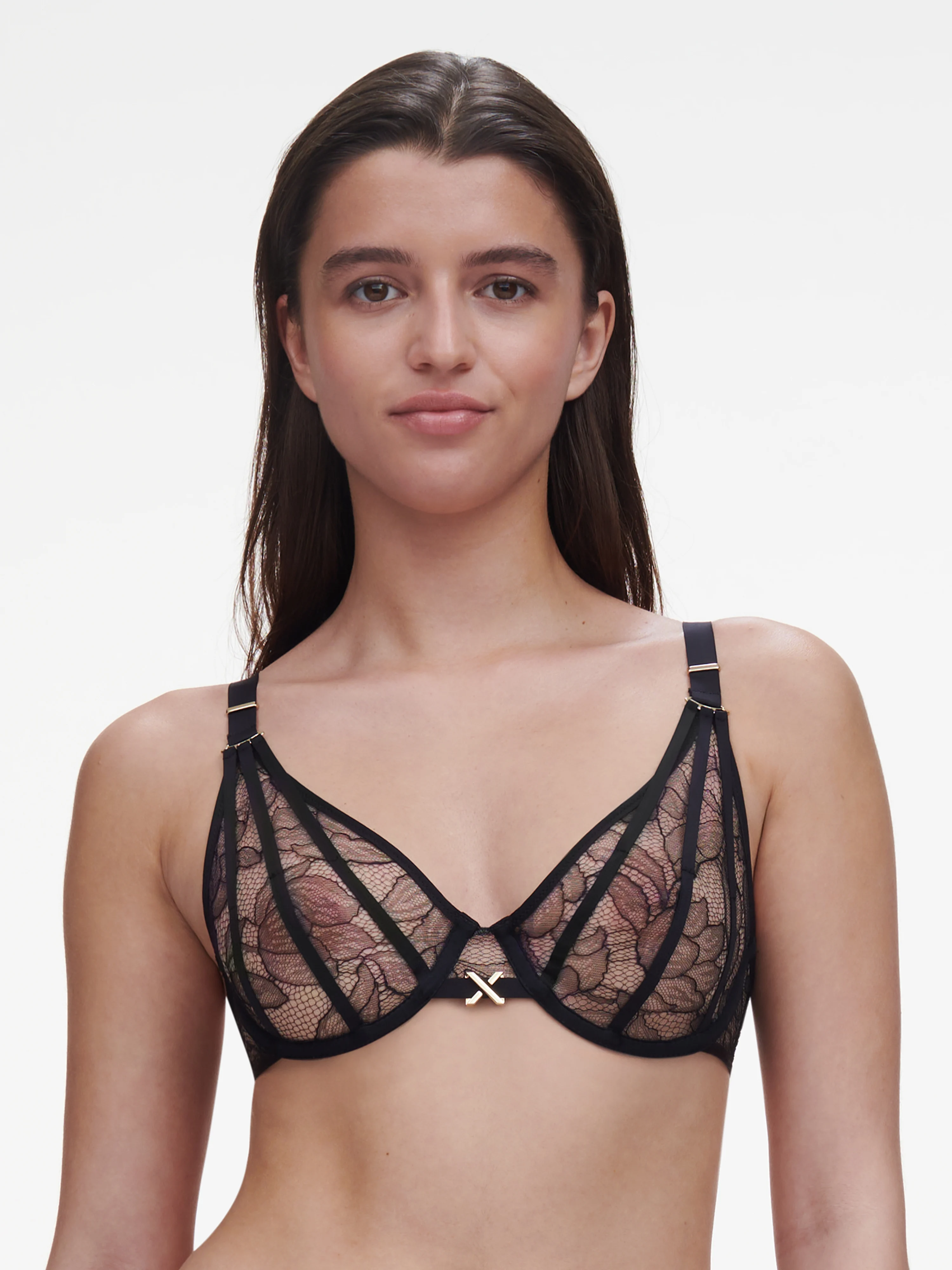 XQUISITE - Soutien-gorge plongeant avec dentelle de leavers | Noir