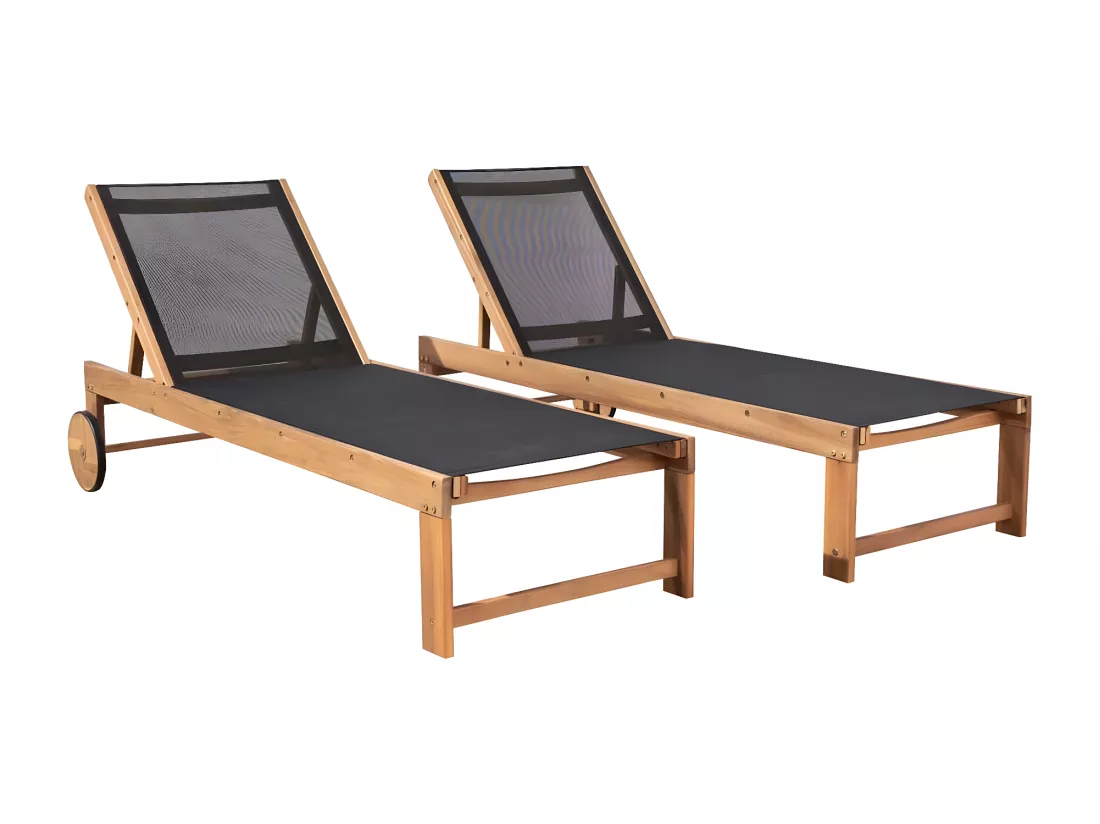 Bain de soleil en acacia massif FSC et textilène noir (lot de 2)