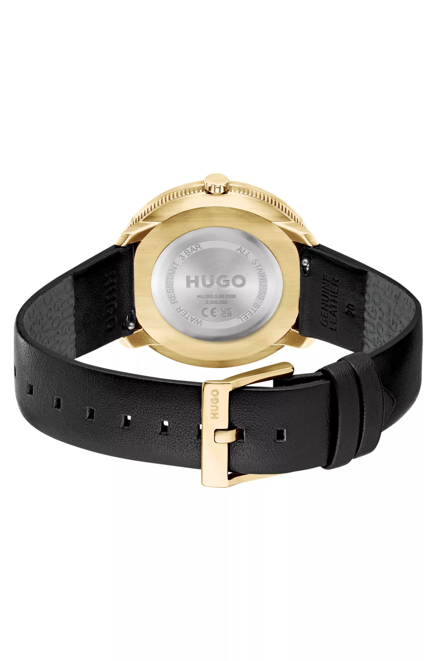 Relógio HUGO com efeito vermelho-dourado, pulseira de malha e bracelete de couro.