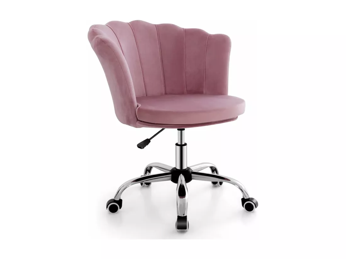 Fauteuil de Bureau en Velours avec 5 Roues Universelles, Chaise de Coiffeuse avec Hauteur Réglable, Chaise Salon Rembourrée Pivotante, Forme de Coquillage, pour Salon, Chambre, Bureau (Rose)