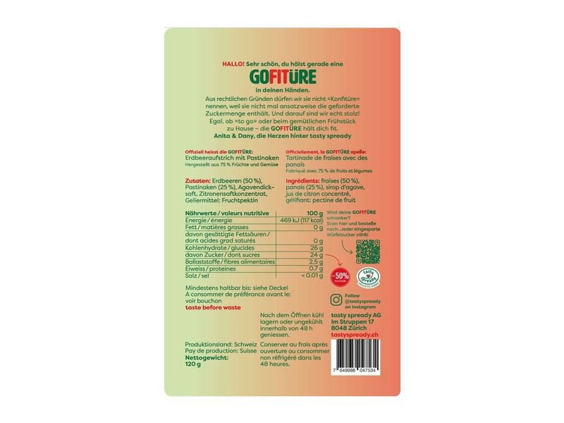 GOFITÜRE Erdbeeraufstrich mit Pastinaken 120 g Schweizer Erdbeeraufstrich mit 50% weniger Zucker