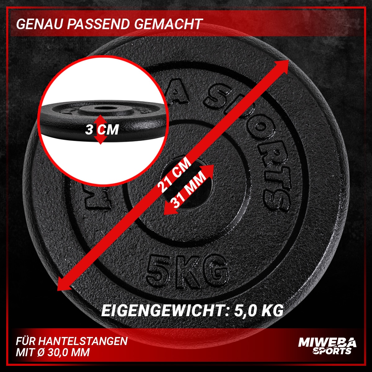 Miweba Sports Hantelscheiben HSG75, 4 x 5 kg Hantel-Gewichte, passend für Ø 30 mm, Set, Gusseisen