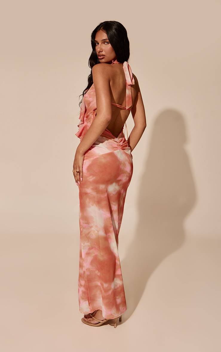 Orange Robe Maxi En Mousseline À Imprimé Abstrait Avec Décolleté Plongeant Et Détail De Volants