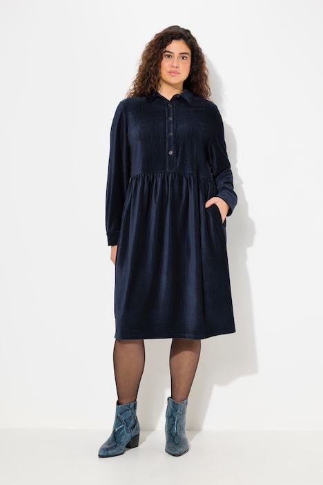 Cordkleid, oversized, Hemdkragen, Puffärmel, Langarm