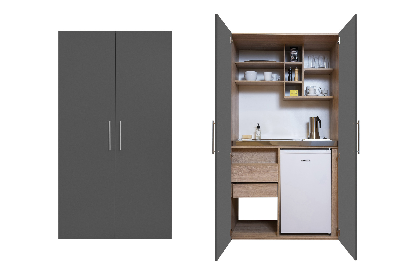 RESPEKTA Schrankküche - grau - Eiche sägerau - mit E-Geräten - 104 cm breit