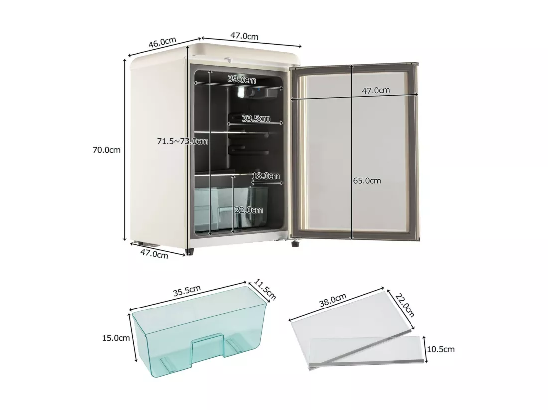 Mini Réfrigérateur 78L, avec porte en verre et LED, étagères réglables, 7 Niveau température 2-12℃, 82kWh/an, 47x47x70cm
