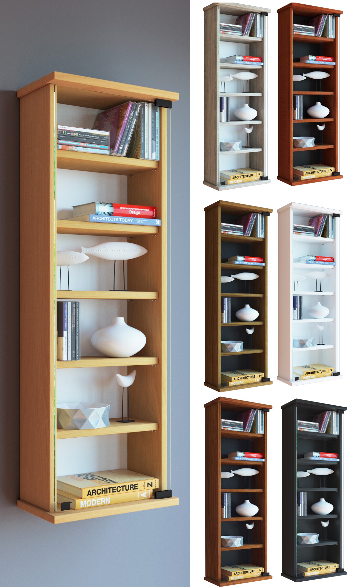 VCM Holz CD DVD Wandregal Hängeregal Wand Schrank Wandvitrine Loposa Glastür