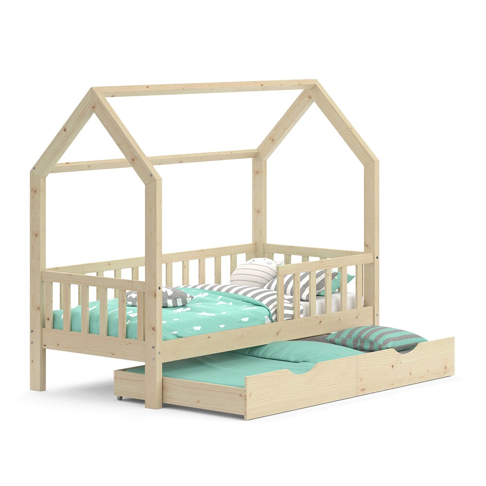 VitaliSpa Kinderbett Hausbett Gästebett Wiki Natur 80x160cm Schublade Lattenrost
