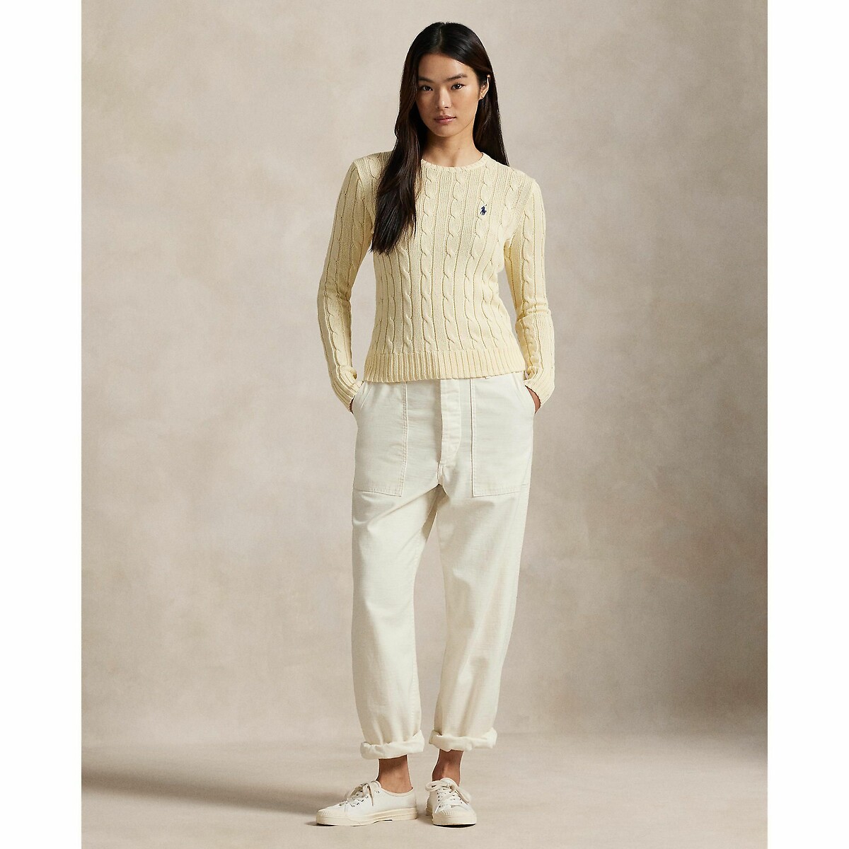 POLO RALPH LAUREN<br>Suéter de malha trançada de algodão com gola redonda