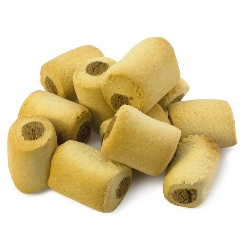 Biscoitos para cães em formato de rolinhos, sabor natural.