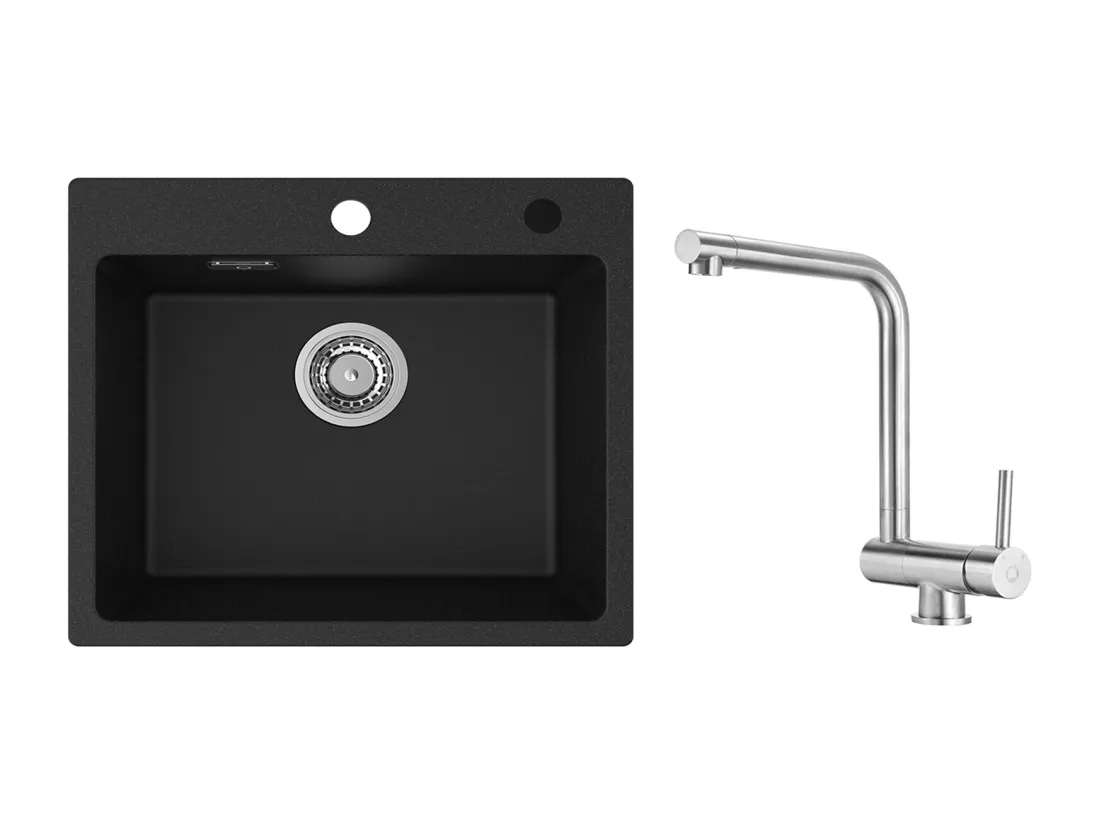 Cecipa MAX Evier 1 Bac 50x45cm Evier en Quartz et Résine Evier à Encastrer + Mitigeur de Cuisine Rabattable Brossé