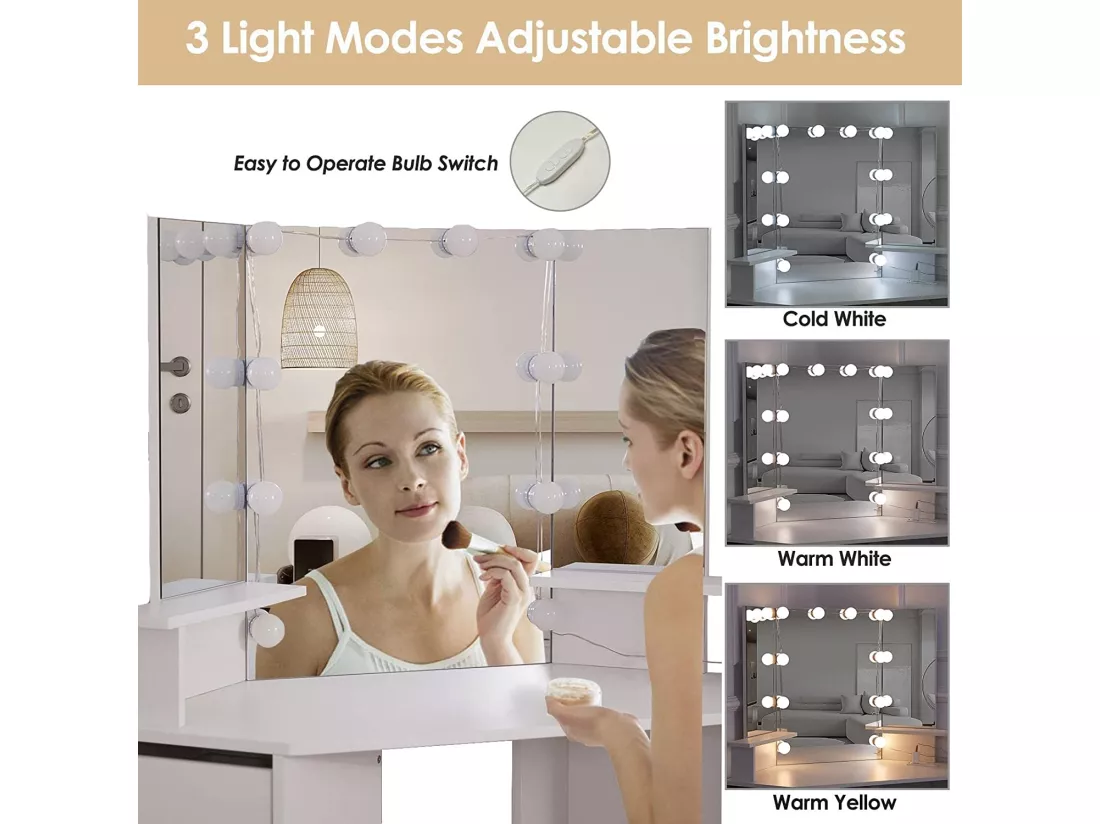 Coiffeuse d'angle blanche avec led et tabouret 110 x 141,5 x 54 cm (HxlxP)