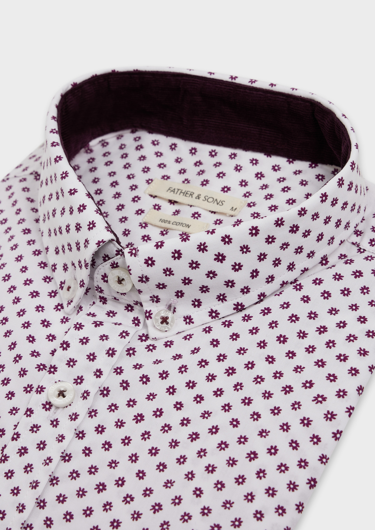 Chemise sport Slim en popeline de coton blanc à motif fleuri aubergine