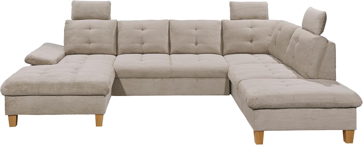 Wohnlandschaft Ascot mit Cord-Bezug und Schlaffunktion in Hellbraun, U-Form inkl. Kopfstützen, Bettkasten und Verstellbarer Armlehne - 324 x 107 x 218 cm (B/H/T)