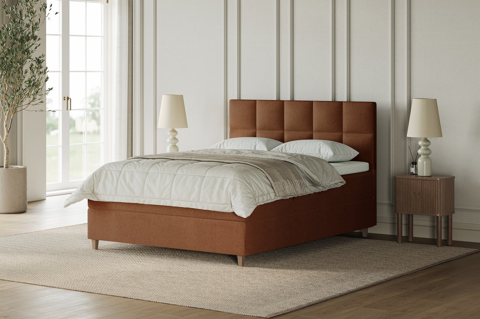 XOV Venus Kontinentalseng 160x200 cm i tekstil storm 54 tan, fast/fast med Premium 15 overmadrass og sort firkantede ben, gavl selges separate