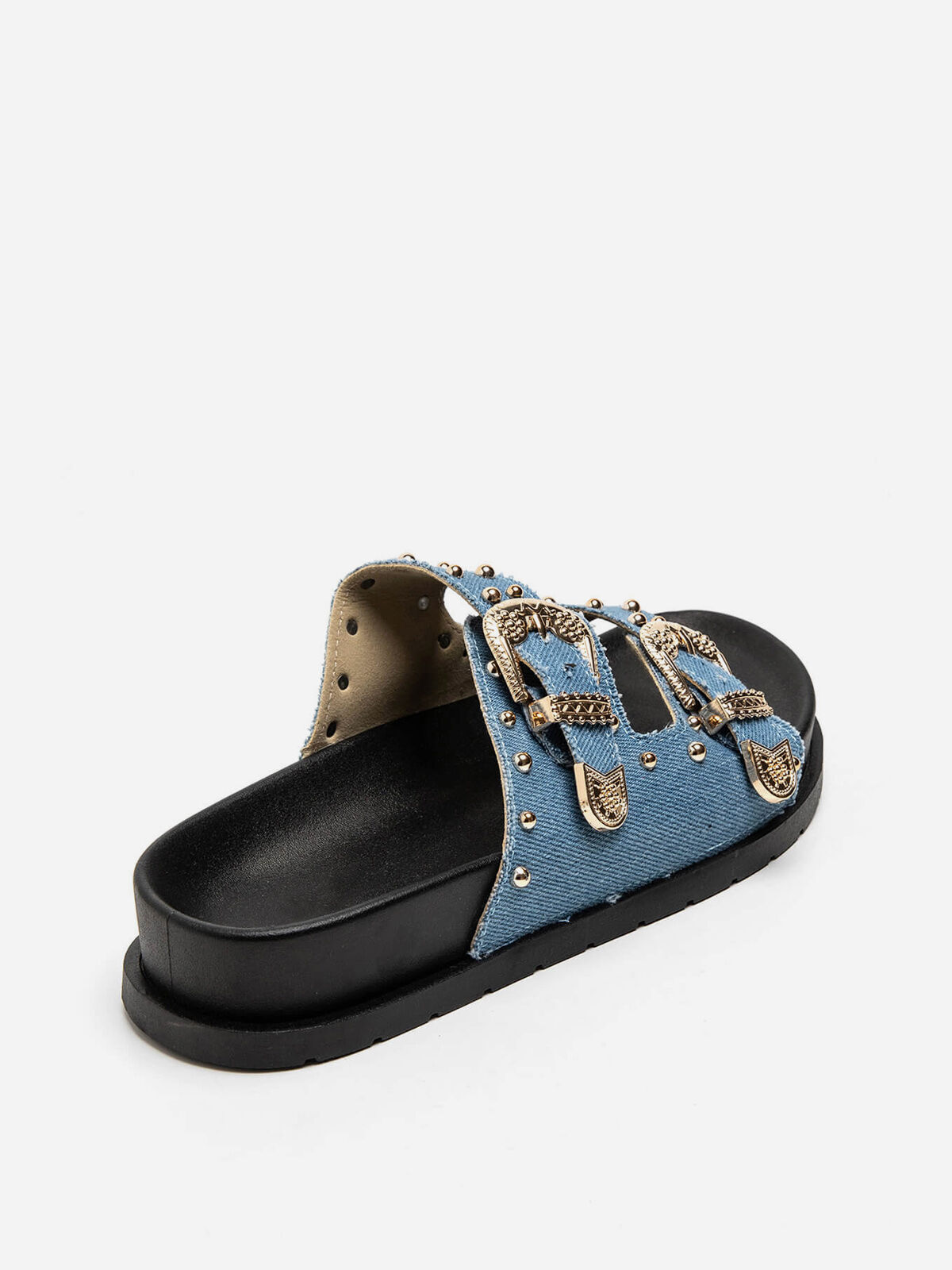 Mules en denim à boucles et clous dorés- Bleu