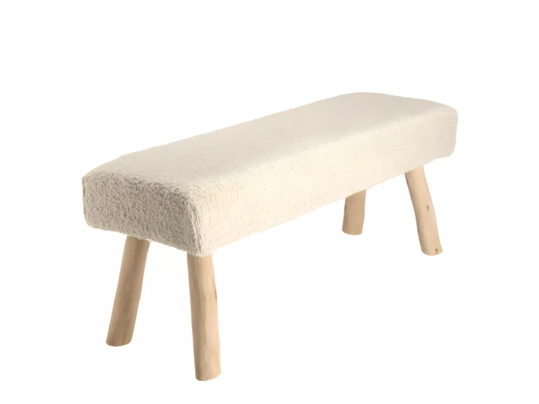 CHARLES - Banc 120x40cm en laine texturée ivoire pieds en bois naturel