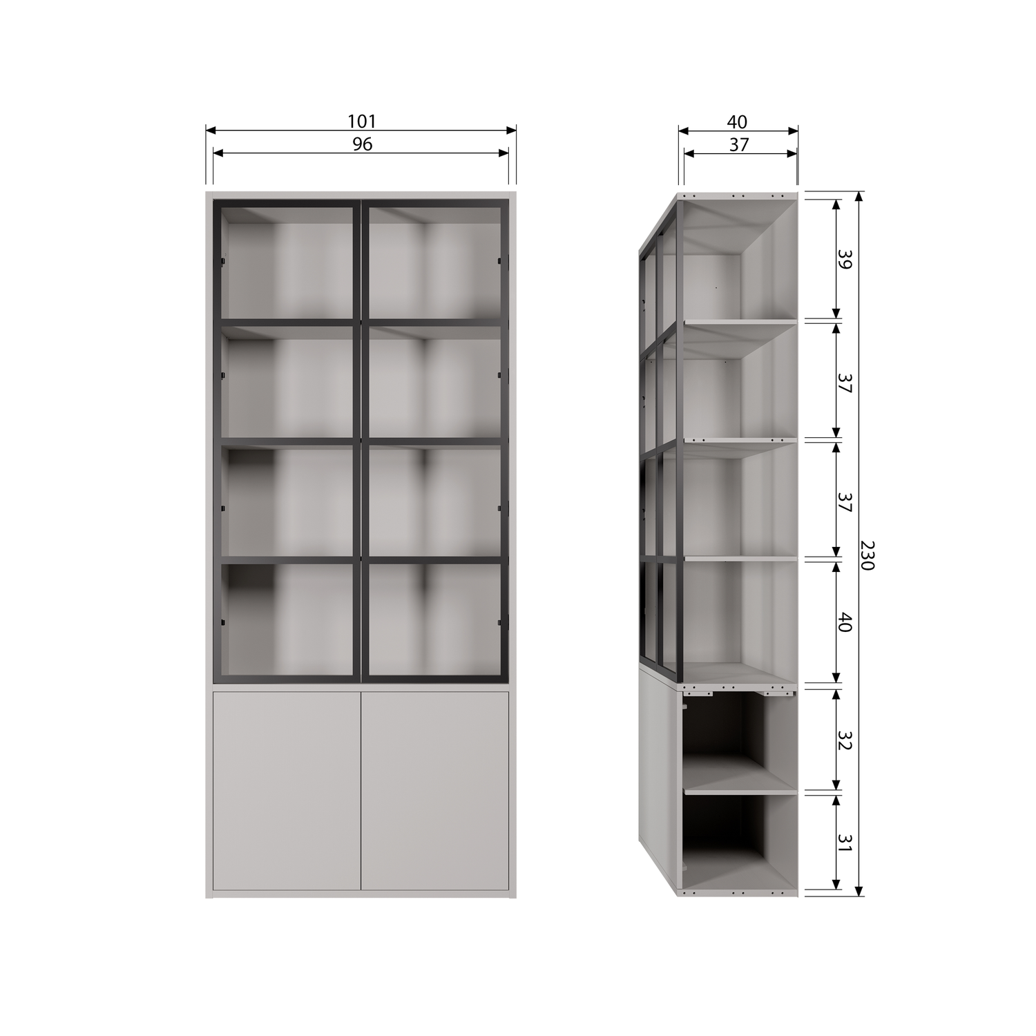 vtwonen Basic 4-Deurs Vitrinekast - Grenen - Mist - 230x101x40