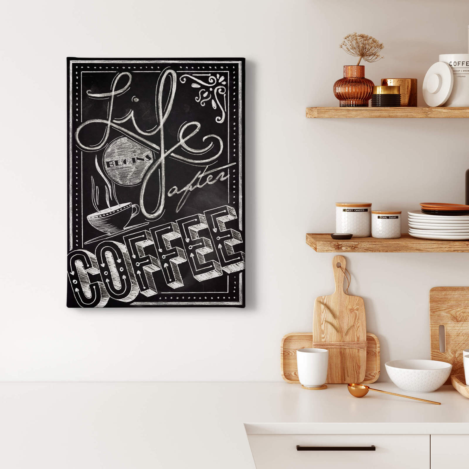 Leinwandbild LIFE BEGINS AFTER COFFEE - schwarz-weiß - 50x70 cm