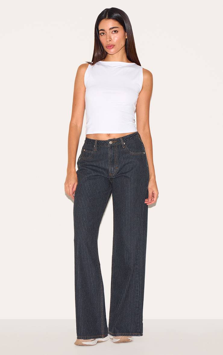 Bleu Marine Jean Baggy Taille Basse À Fines Rayures