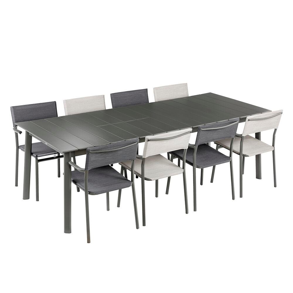 Set 1 Gartentisch 8-10 Personen ausziehbar und 8 Gartensessel Oron Aluminium-Latten Titane