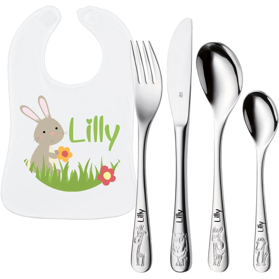 Schnullireich Geschenkset mit Namen Safari: WMF Kinderbesteck + Baby Lätzchen Hase Silber