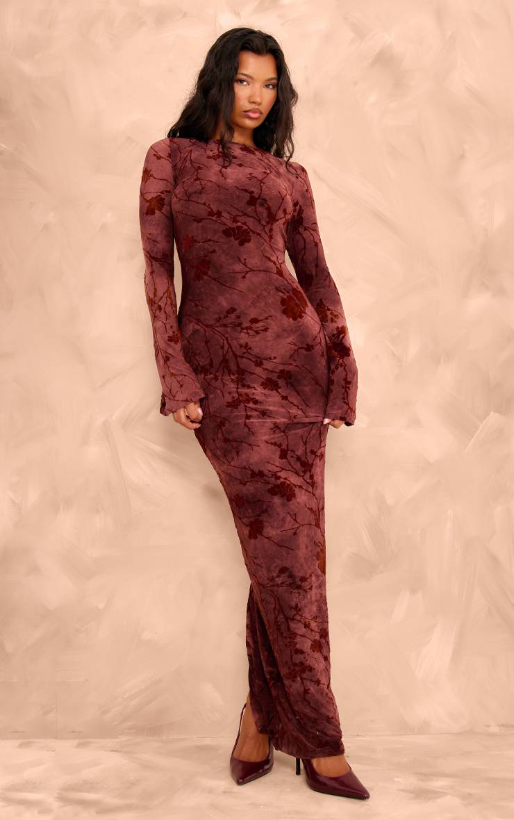 Rouge Bordeaux Robe Longue Maxi À Manches Longues En Dévoré Fleuri