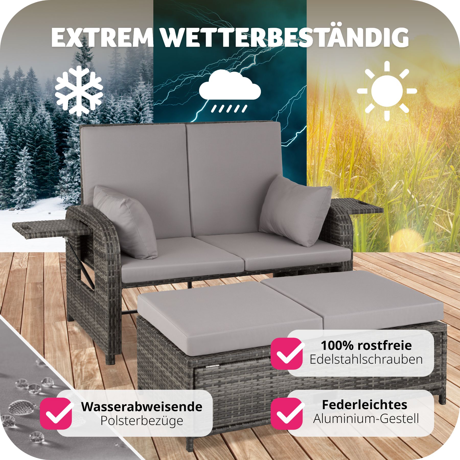 tectake® Rattan Sofa, mit Aluminiumgestell, zur Liege wandelbar, mit Stauraum und Schutzhülle