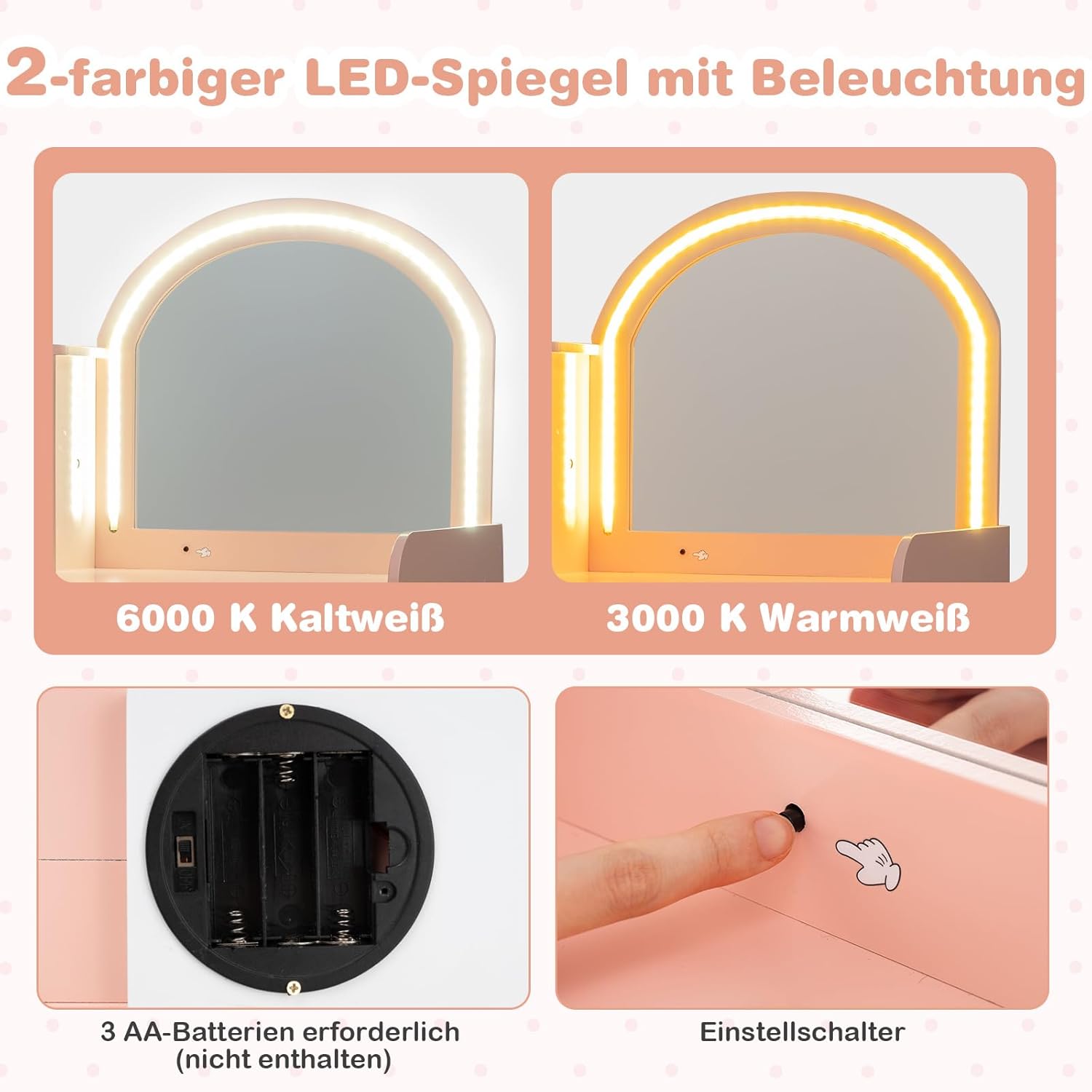 COSTWAY 2 in 1 Kinder Schminktisch Set, Frisertisch mit Hocker, LED-Leuchten, Spiegel, Schrank & Schublade, Kosmetiktisch Schminkkommde mädchen aus Holz für Kinder ab 3 Jahren (Hellrosa)