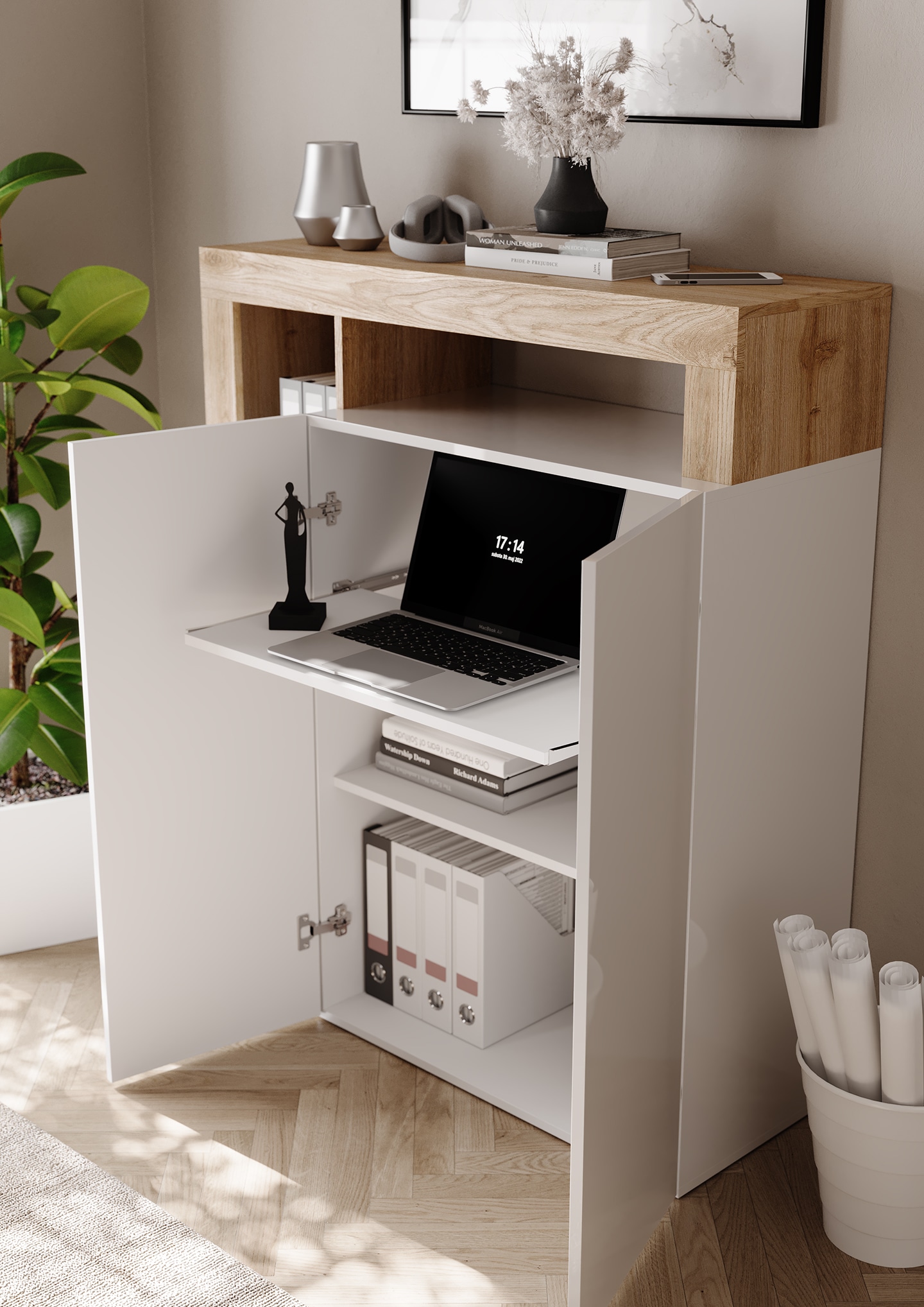 INOSIGN Sekretär »Hamburg Breite 108 cm, Höhe 126 cm, 2 Türen, PC-Schrank, Home-Office,« dekorativer Rahmen, Tastaturauszug, Stauraum, Multifunktional