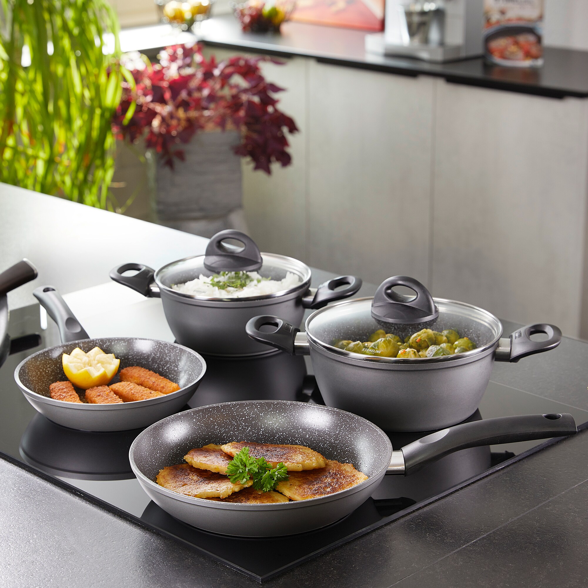 STONELINE® CERAMIC Kochgeschirr-Set, 14-tlg., Keramik-Beschichtung, mit Glasdeckeln