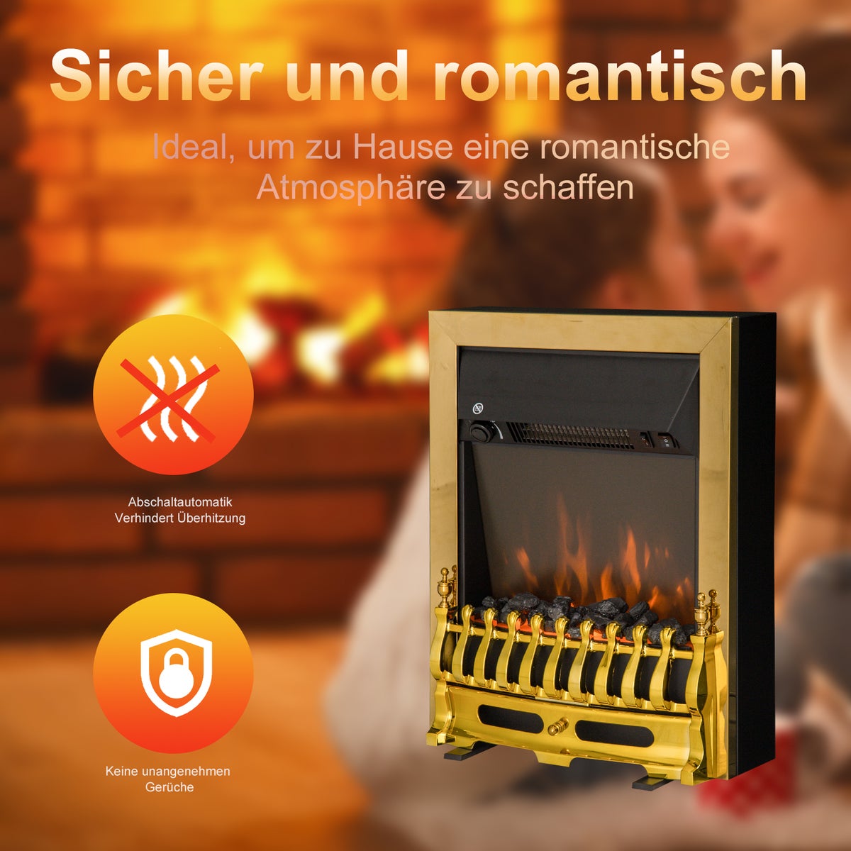 HOMCOM Elektrische haard, vlameffect, 1000/2000W, 48,2 x 18,5 x 59,2 cm, metaal en kunststof, goud