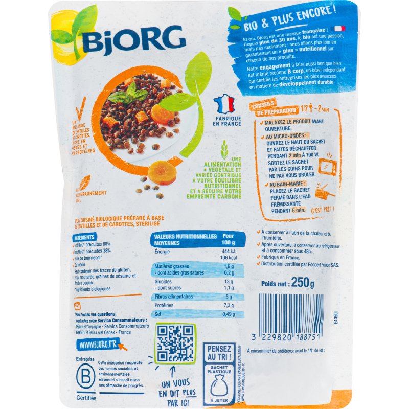 Plat cuisiné lentilles carottes bio Bjorg - Sachet de 250 g