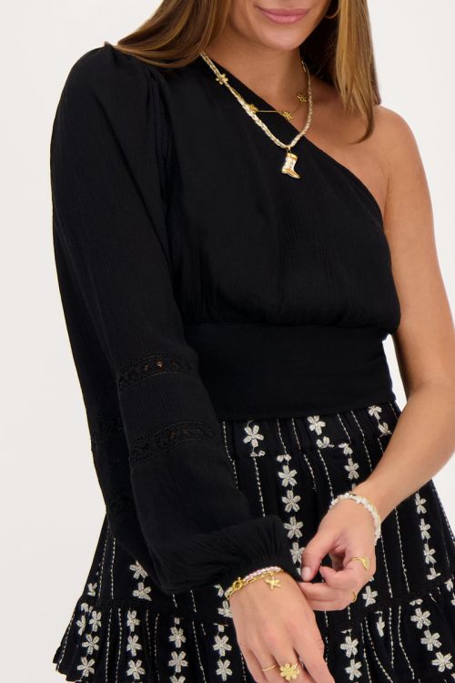 Zwarte one-shoulder top met smock en tapes