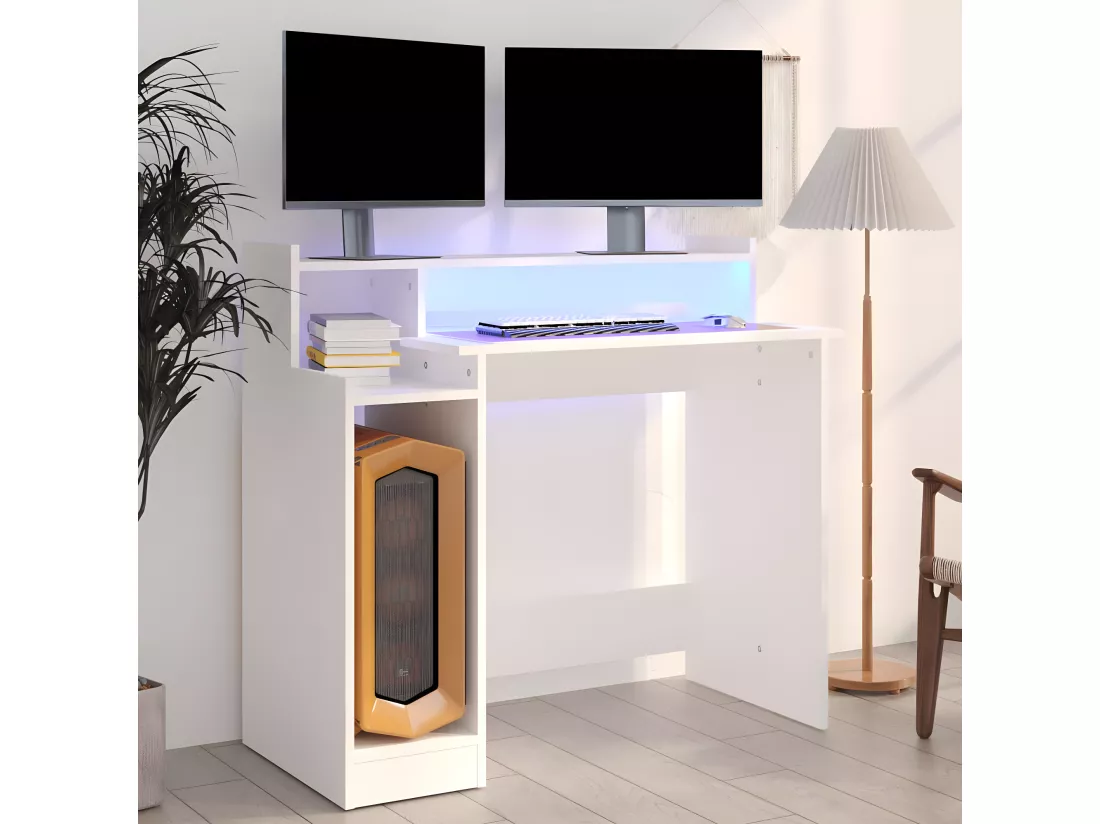 Bureau avec lumières LED Blanc 97x45x90 cm Bois d'ingénierie